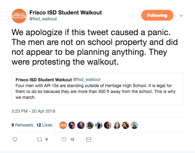 A screenshot of a tweet taken from the FISD National Walkout twitter page. The FISD Walkout was not affiliated with the district.